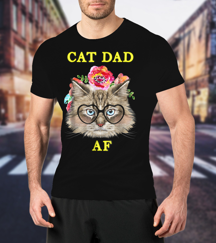 Funny Cat Dad AF With Floral Bouquet And Glasses T-Shirt