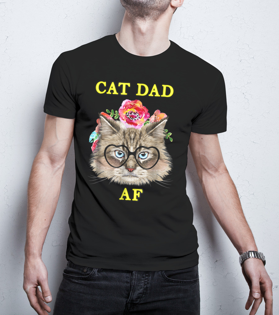 Funny Cat Dad AF With Floral Bouquet And Glasses T-Shirt