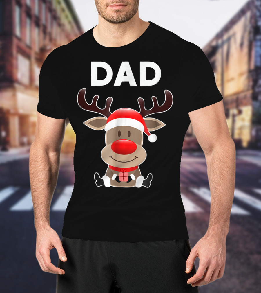 Dad Christmas Reindeer With Santa Hat And Gift T-Shirt