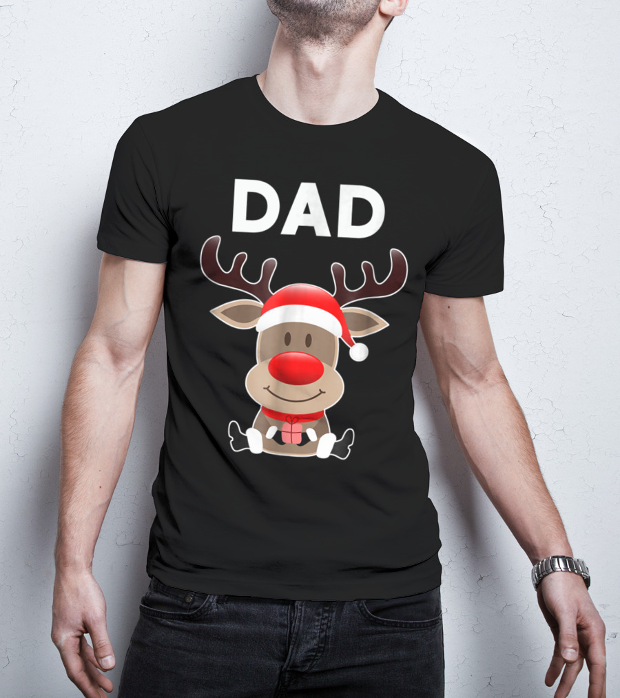 Dad Christmas Reindeer With Santa Hat And Gift T-Shirt