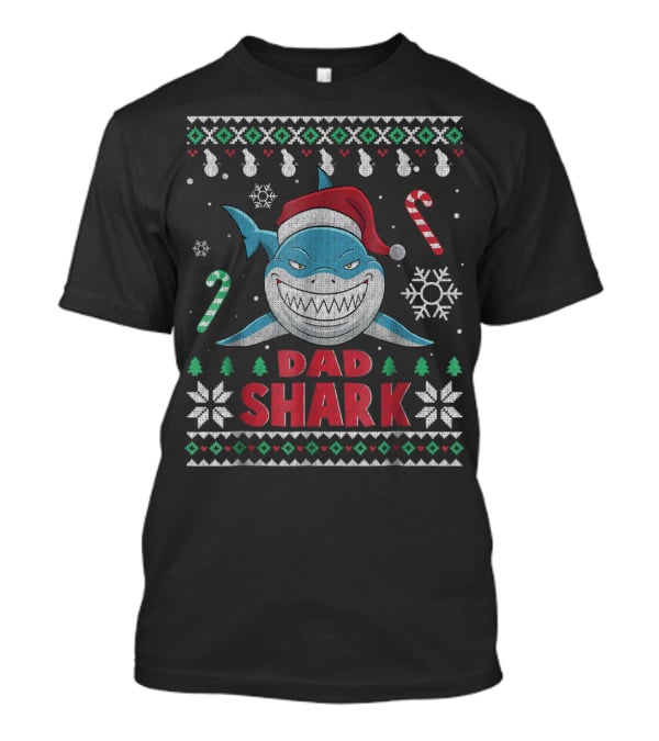 Dad Shark Ugly Christmas Sweater Santa Hat Candy Canes Snowflakes T-Shirt