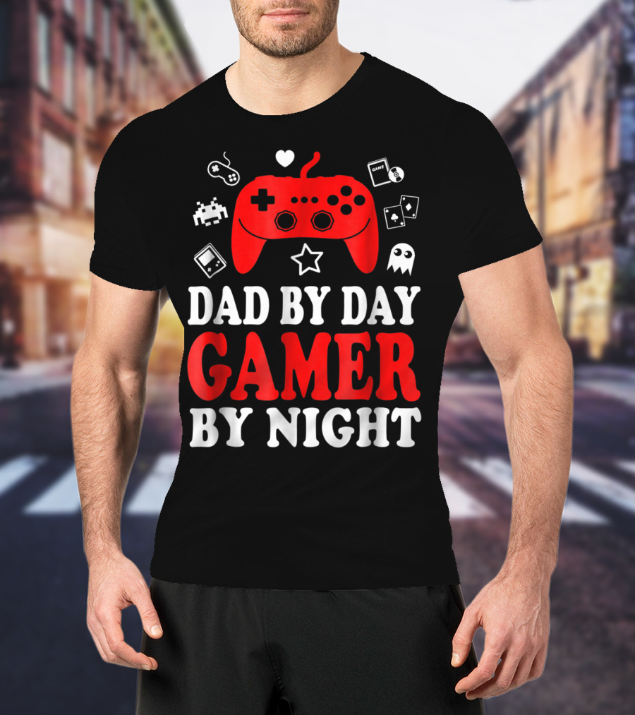 Dad By Day Gamer By Night Retro Controller And Icons T-Shirt