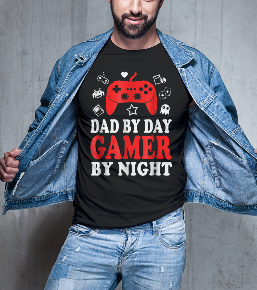 Dad By Day Gamer By Night Retro Controller And Icons T-Shirt