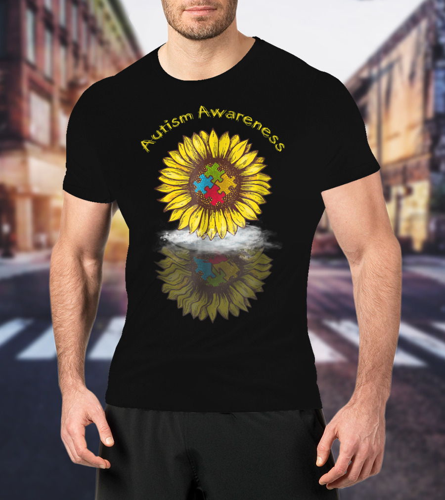 Autism Awareness Sunflower With Puzzle Piece Reflection In Water T-Shirt