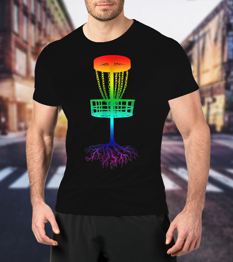Rainbow Disc Golf Basket With Vibrant Roots T-Shirt