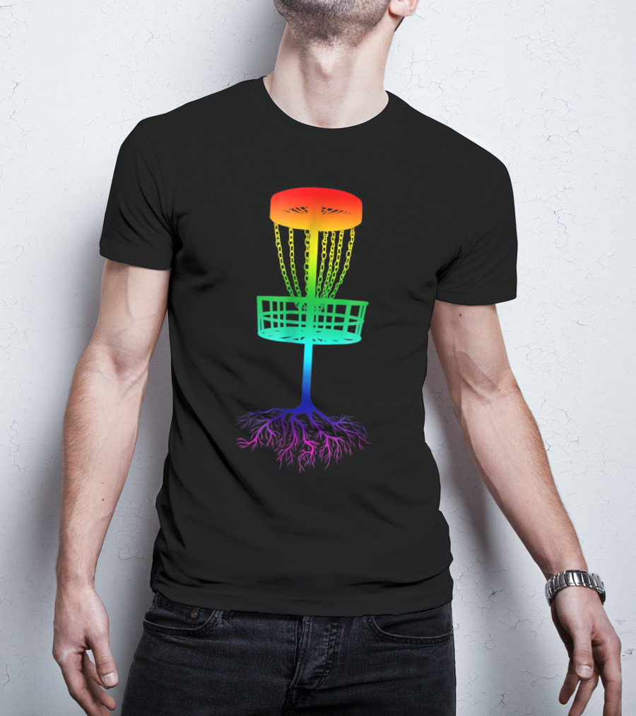 Rainbow Disc Golf Basket With Vibrant Roots T-Shirt