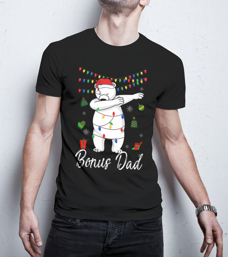 Bonus Dad Bear Christmas Lights Santa Hat Dabbing T-Shirt
