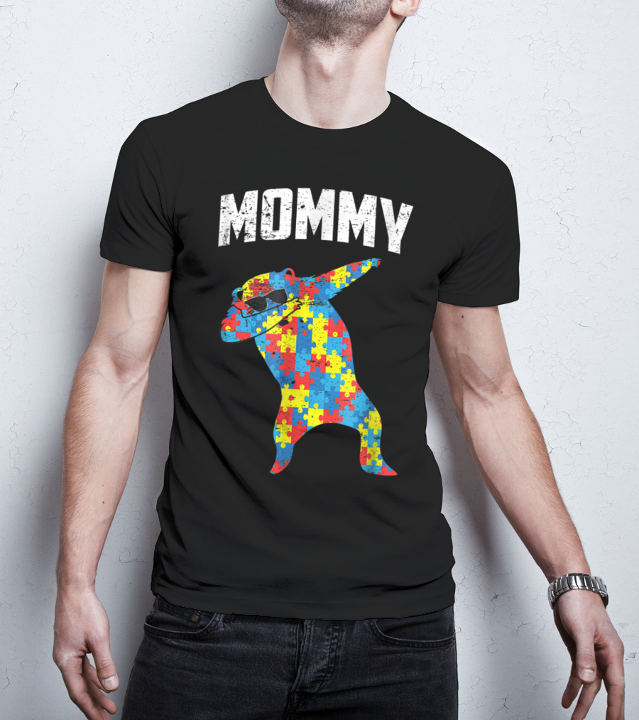 Autism Puzzle Bear Dabbing Mommy Glasses T-Shirt