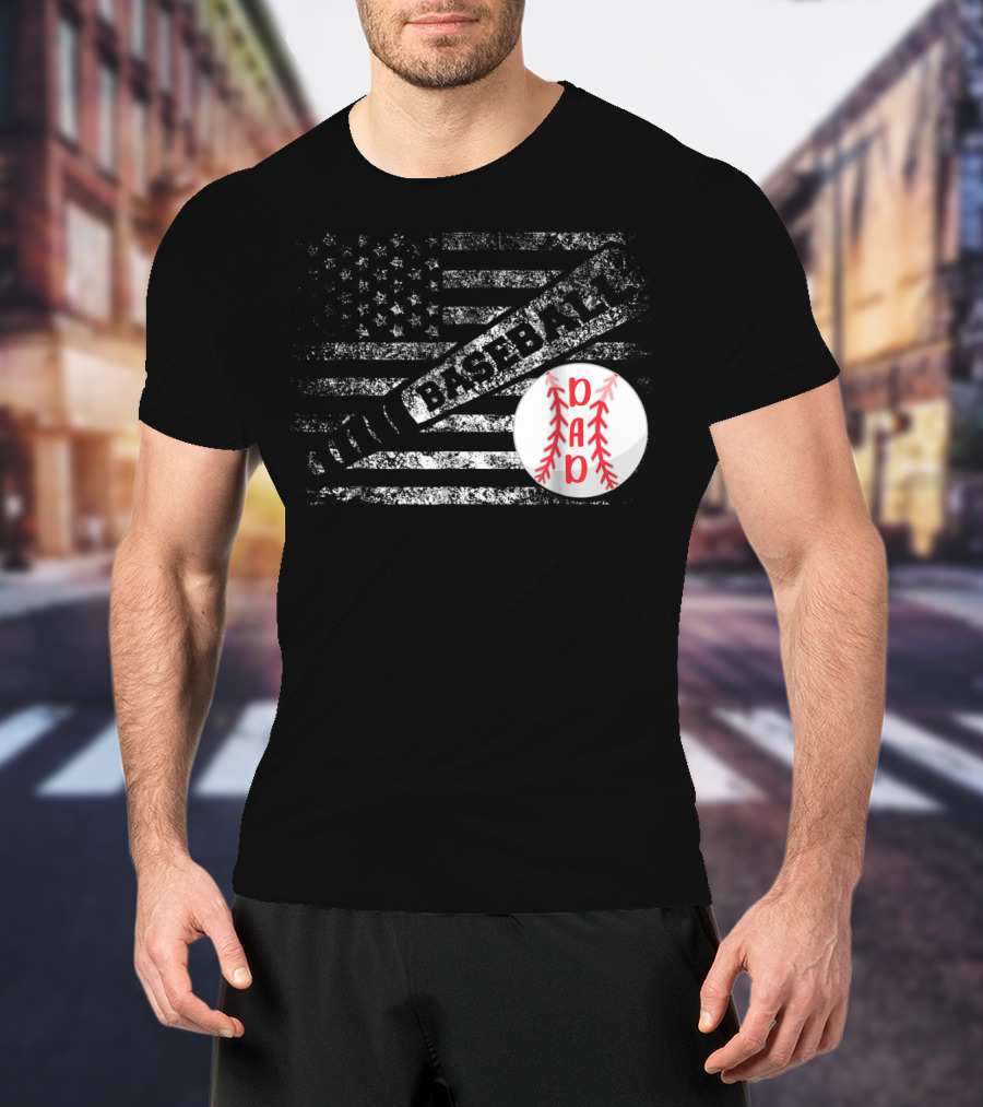 Baseball Dad American Flag With Bat And Ball T-Shirt