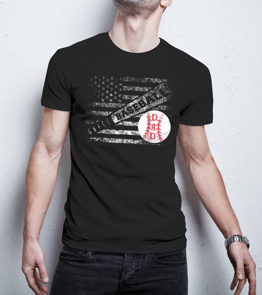 Baseball Dad American Flag With Bat And Ball T-Shirt