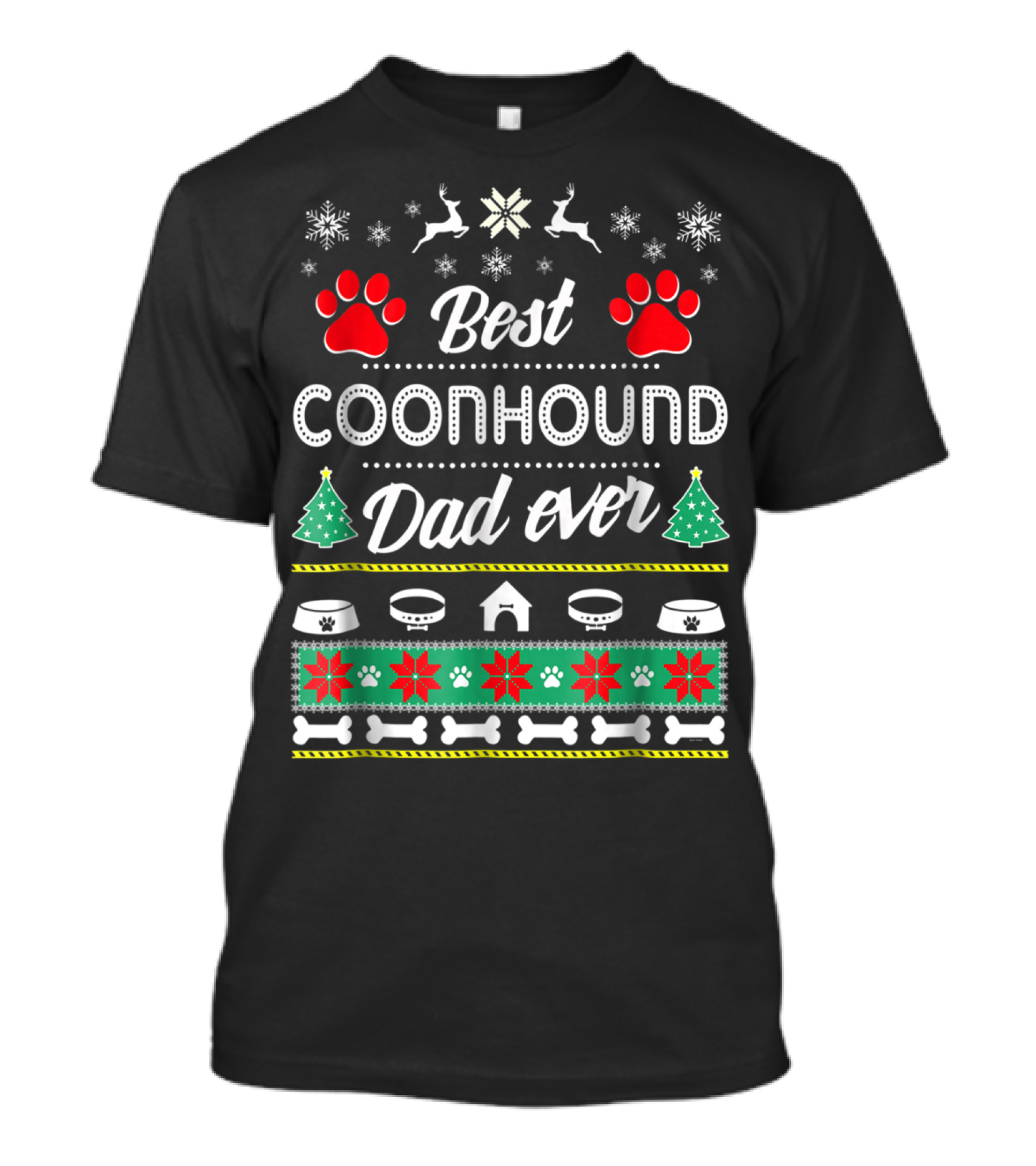 Best Coonhound Dad Ever Paws Trees Bones Snowflakes Reindeer T-Shirt