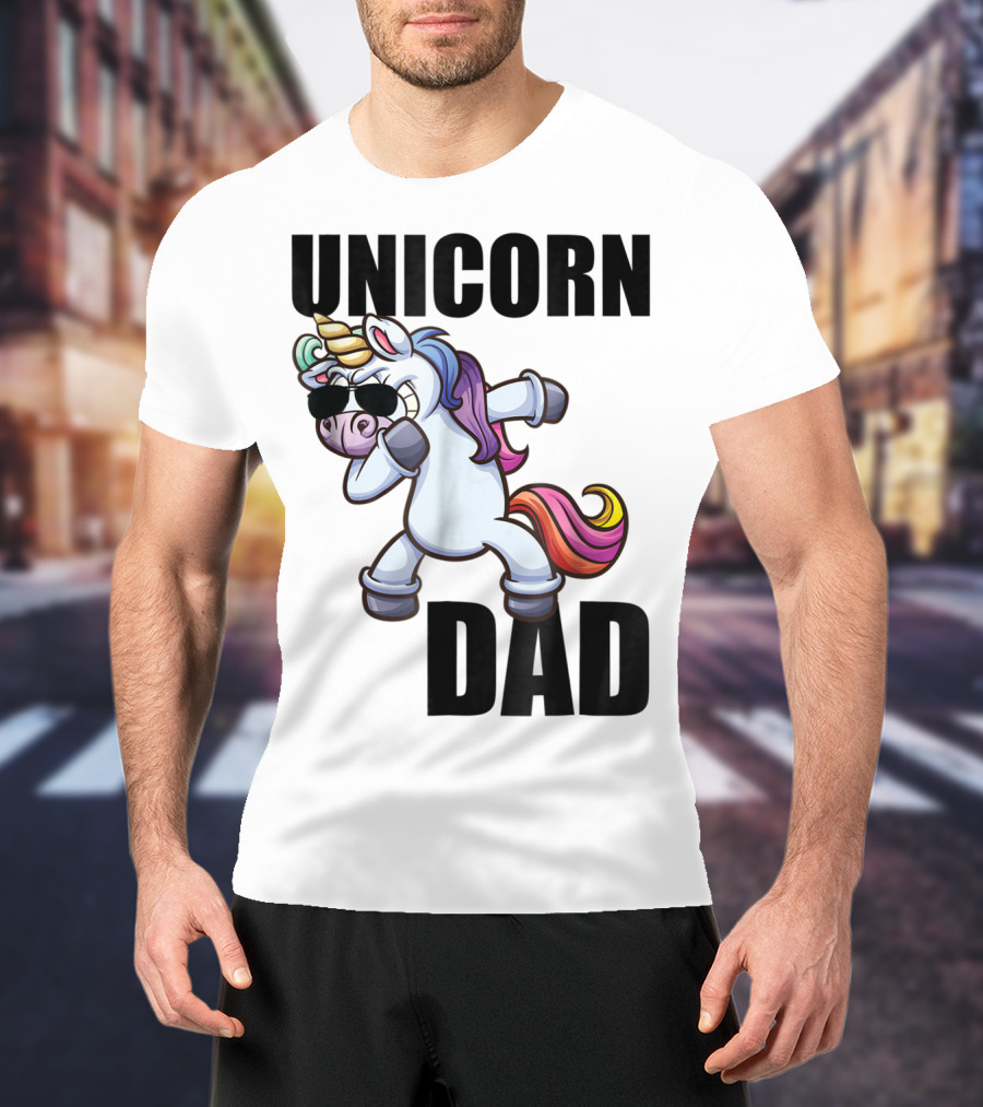 Unicorn Dad Dabbing With Sunglasses And Rainbow Mane T-Shirt