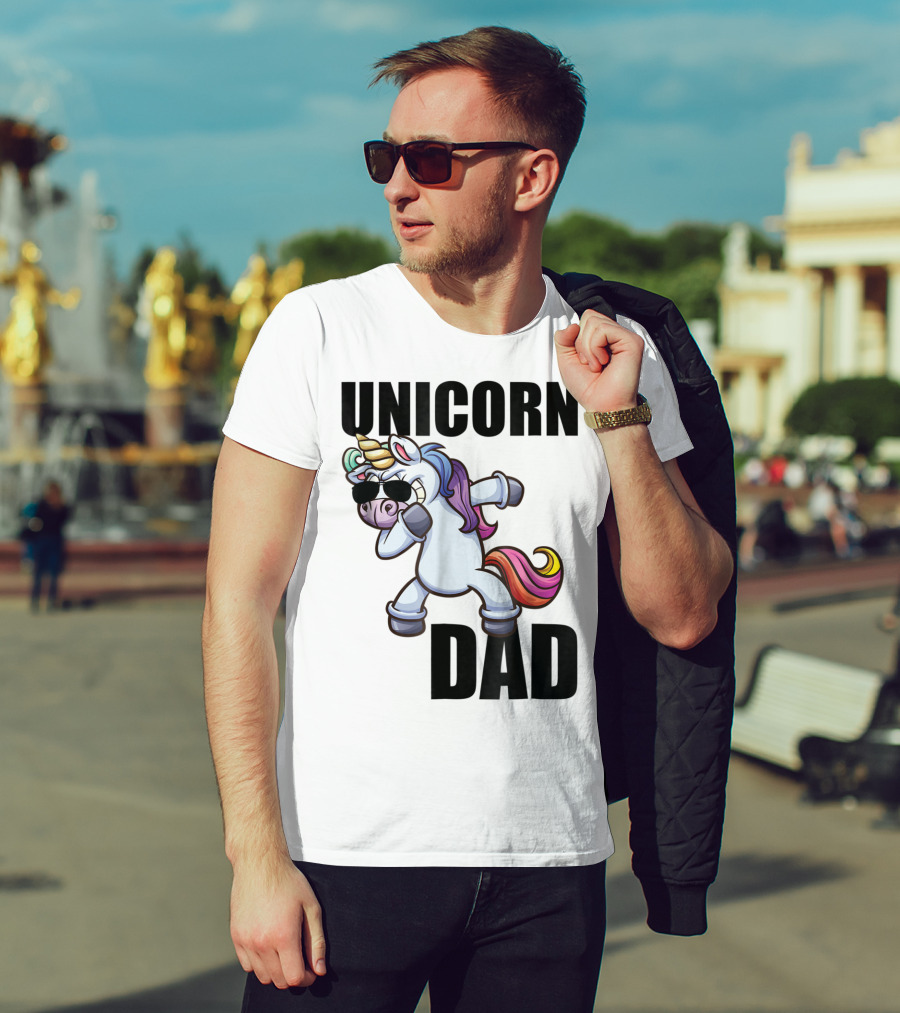 Unicorn Dad Dabbing With Sunglasses And Rainbow Mane T-Shirt