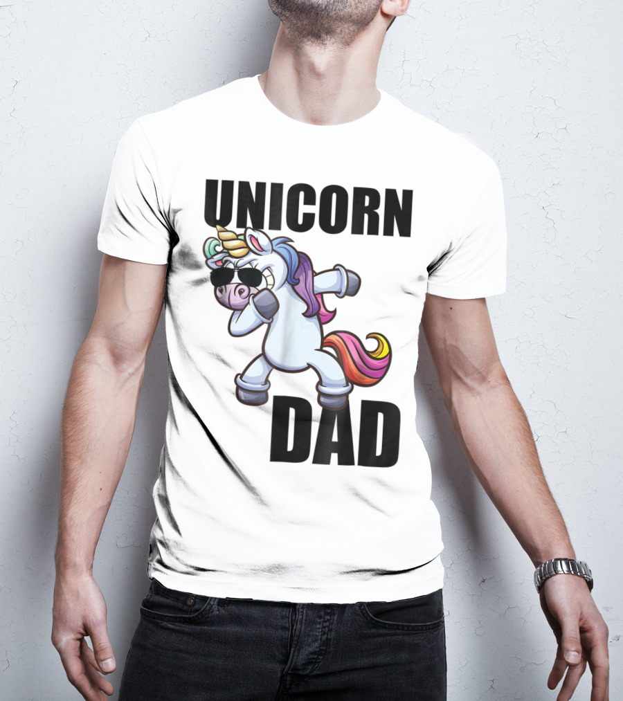 Unicorn Dad Dabbing With Sunglasses And Rainbow Mane T-Shirt