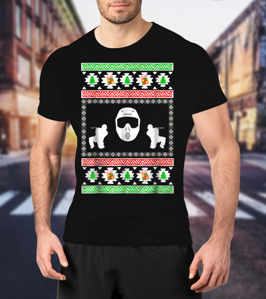 Airsoft Player Ugly Christmas Mask Trees Gifts Merry Holiday T-Shirt
