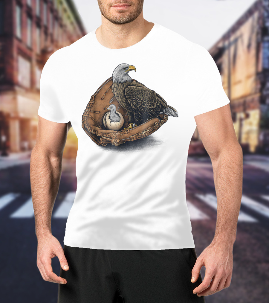 American Baseball Bald Eagle With Glove And Baseball Nestling Kids11 T-Shirt