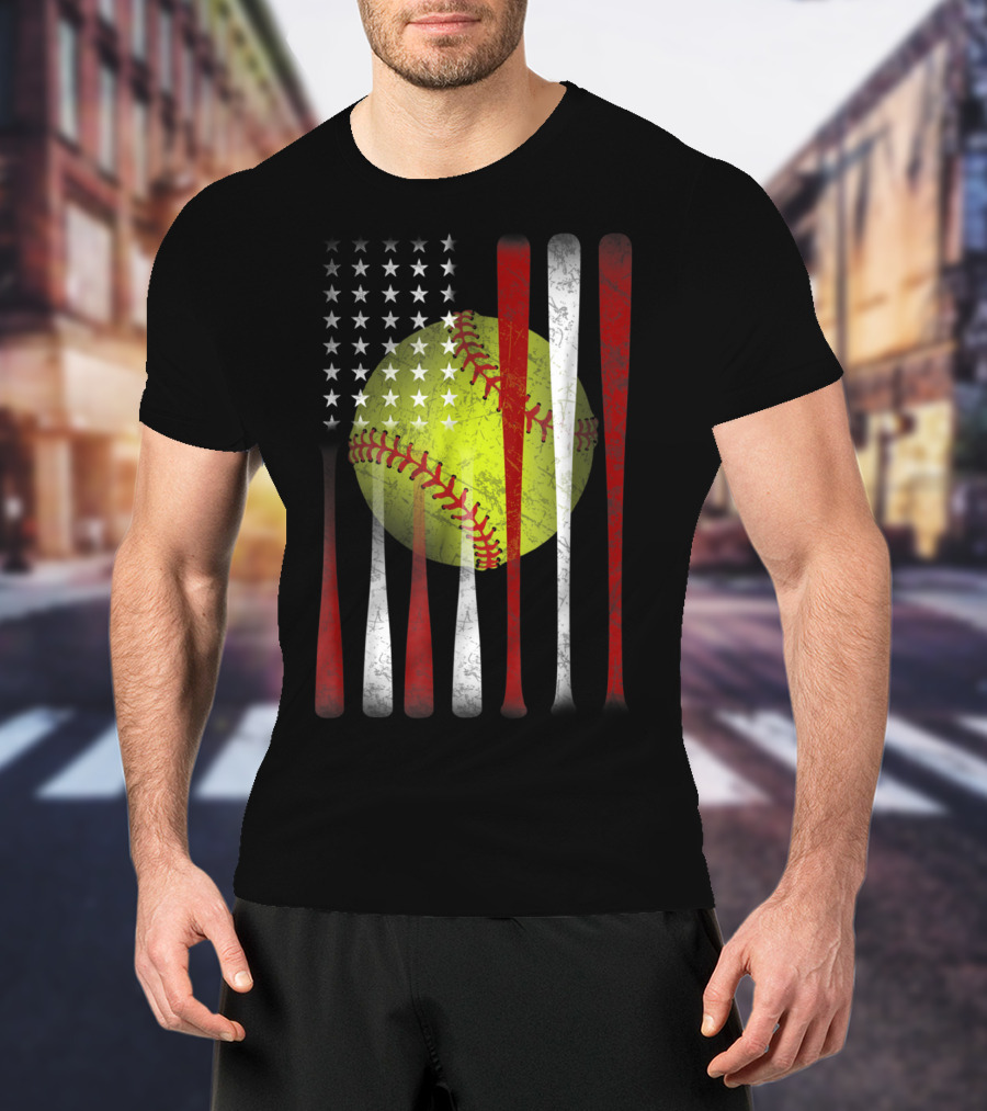 American Flag Softball Vintage Distressed US Flag Bat T-Shirt