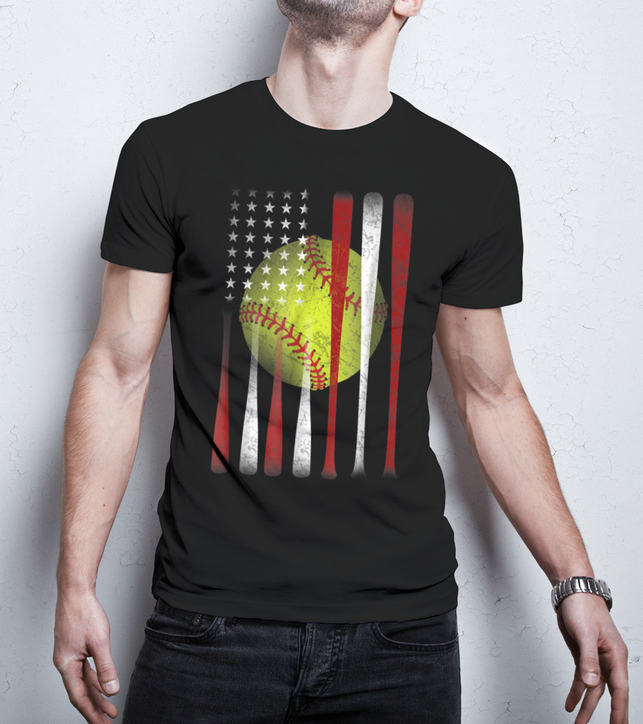 American Flag Softball Vintage Distressed US Flag Bat T-Shirt