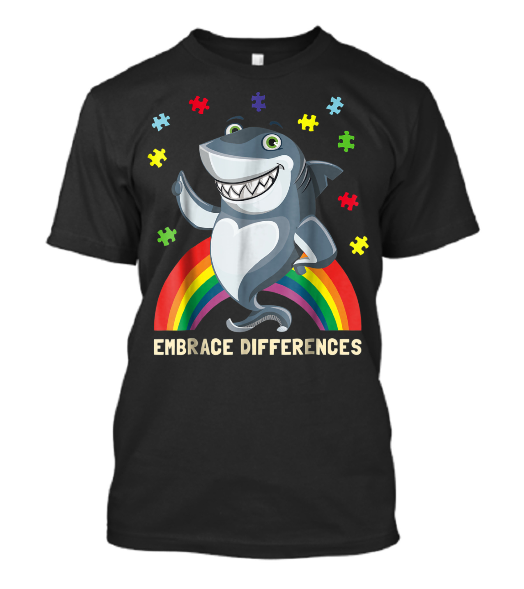 Embrace Differences Autism Awareness Kids Dad Shark Puzzle Piece Rainbow T-Shirt