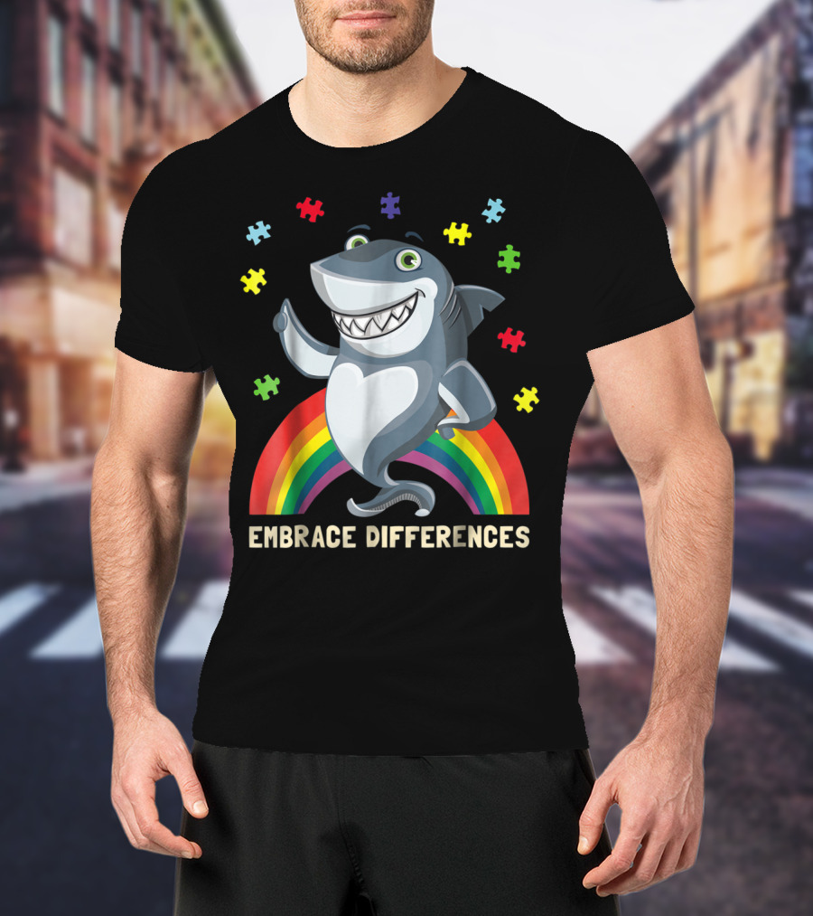 Embrace Differences Autism Awareness Kids Dad Shark Puzzle Piece Rainbow T-Shirt