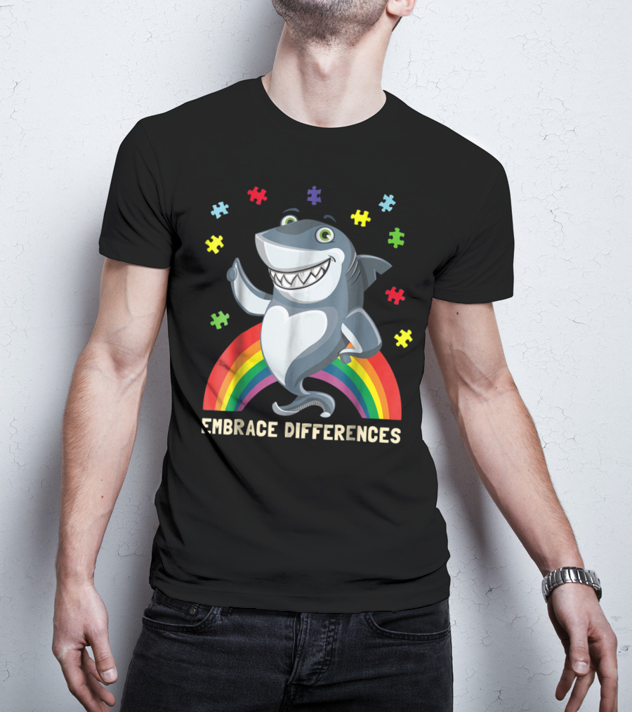 Embrace Differences Autism Awareness Kids Dad Shark Puzzle Piece Rainbow T-Shirt
