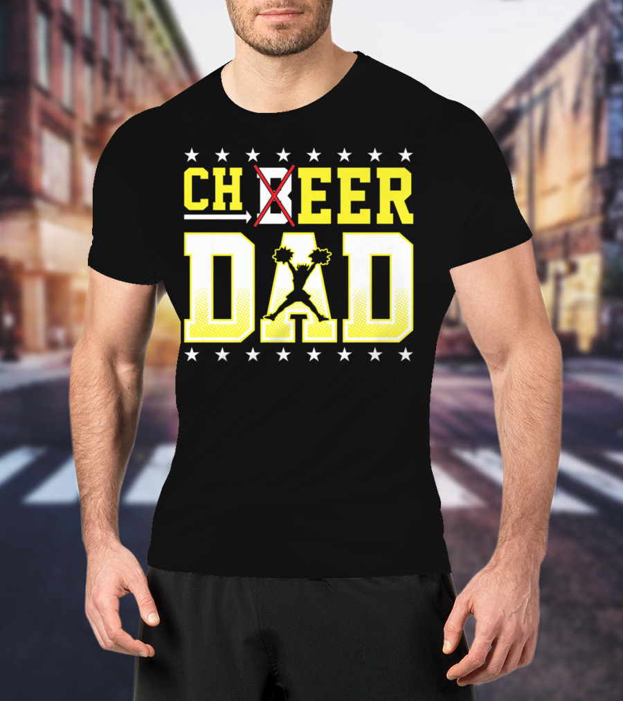 Cheer Dad Beer Dad Bold Text Stars Pom-Pom T-Shirt