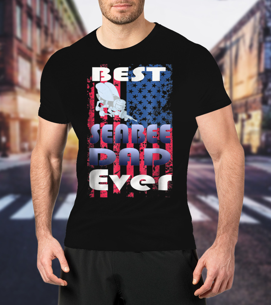 Best Seabee Dad Ever American Flag Bee Mascot T-Shirt