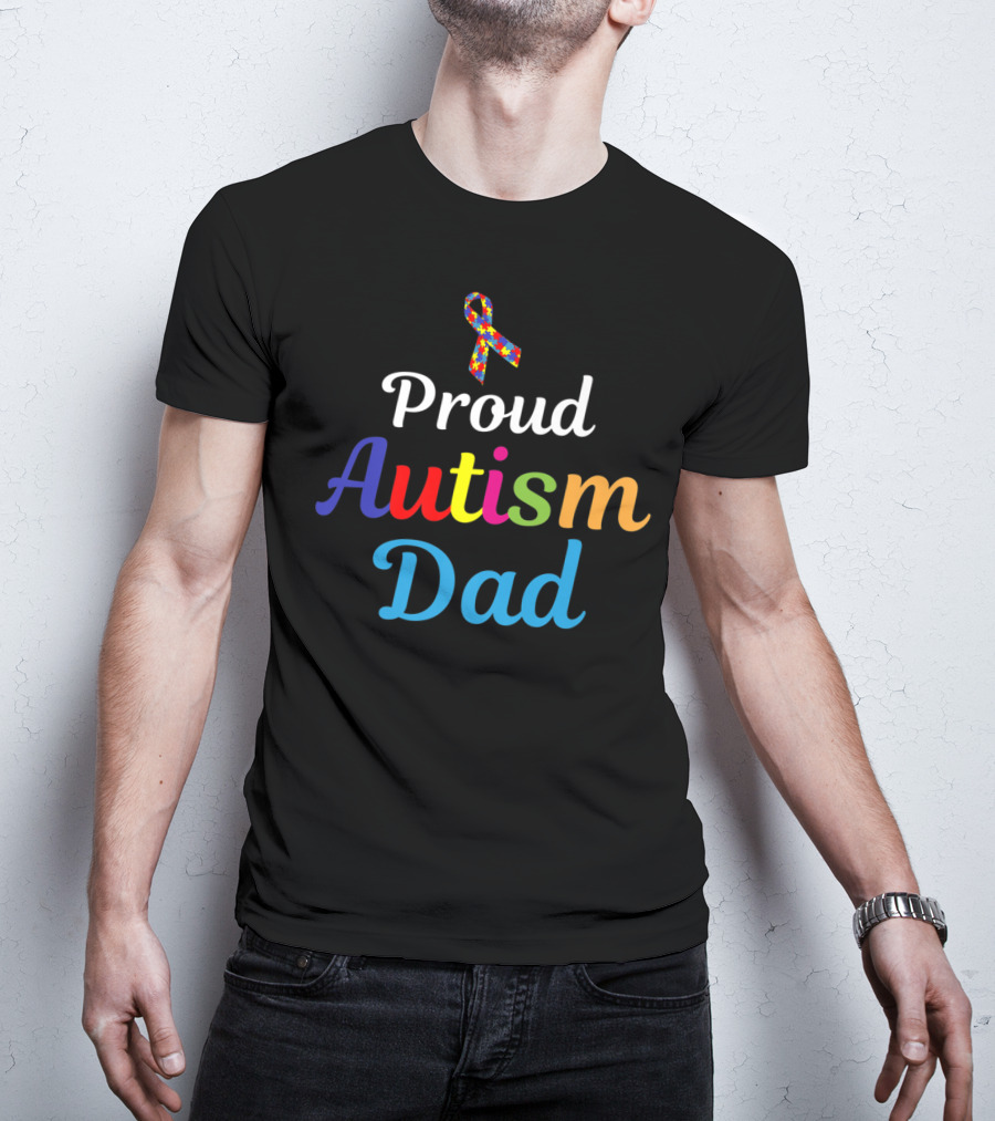 Proud Autism Dad Colorful Puzzle Ribbon Support Grandpa Papa T-Shirt