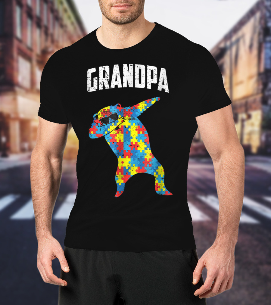 Grandpa Autism Bear Dabbing Puzzle Glasses T-Shirt