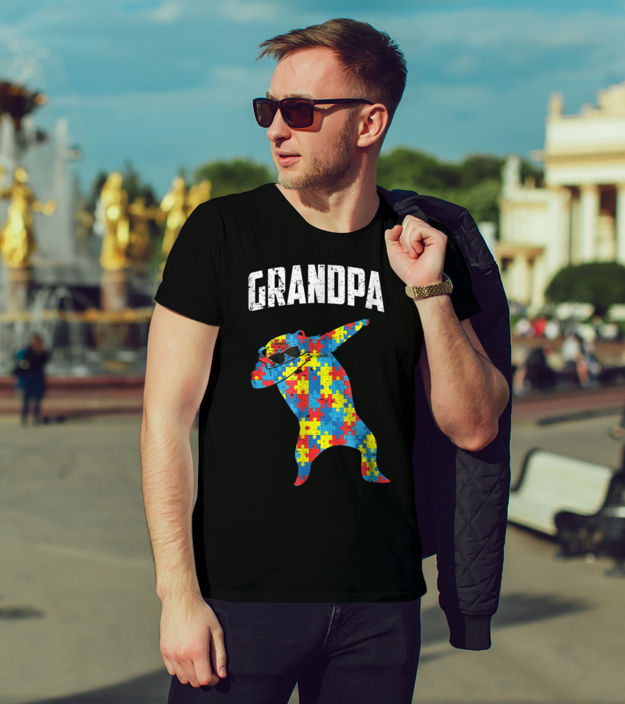 Grandpa Autism Bear Dabbing Puzzle Glasses T-Shirt