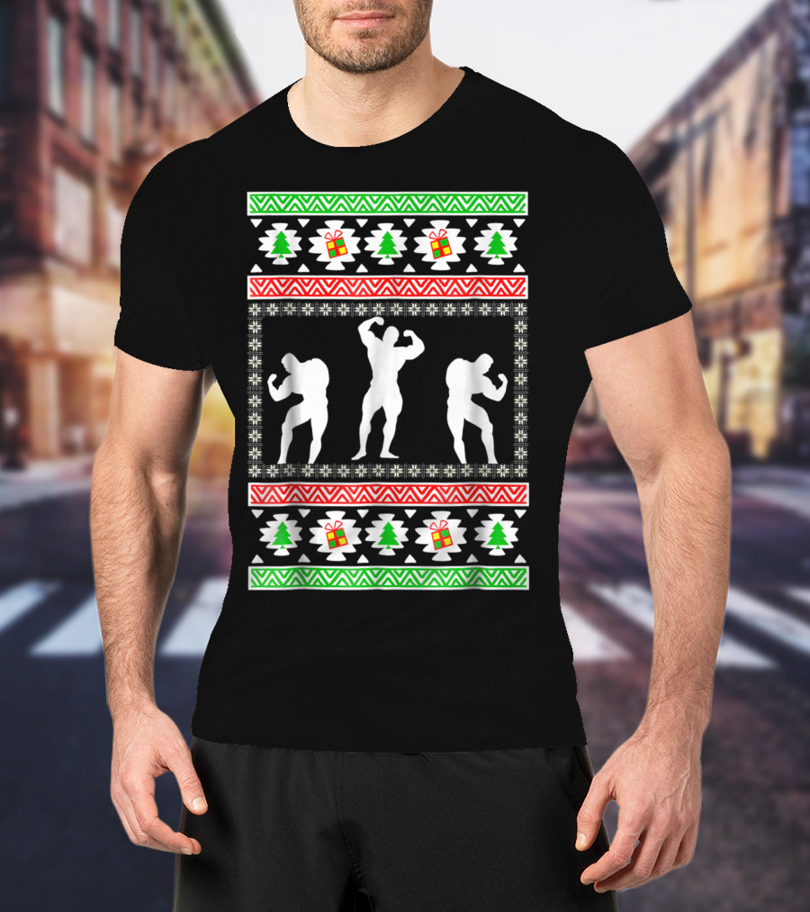 Bodybuilding Christmas Silhouette Trees And Gifts T-Shirt