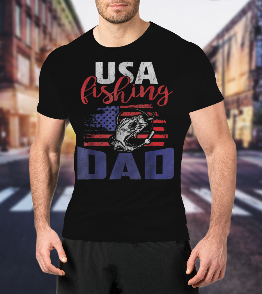 USA Fishing Dad American Flag Bass Fish T-Shirt