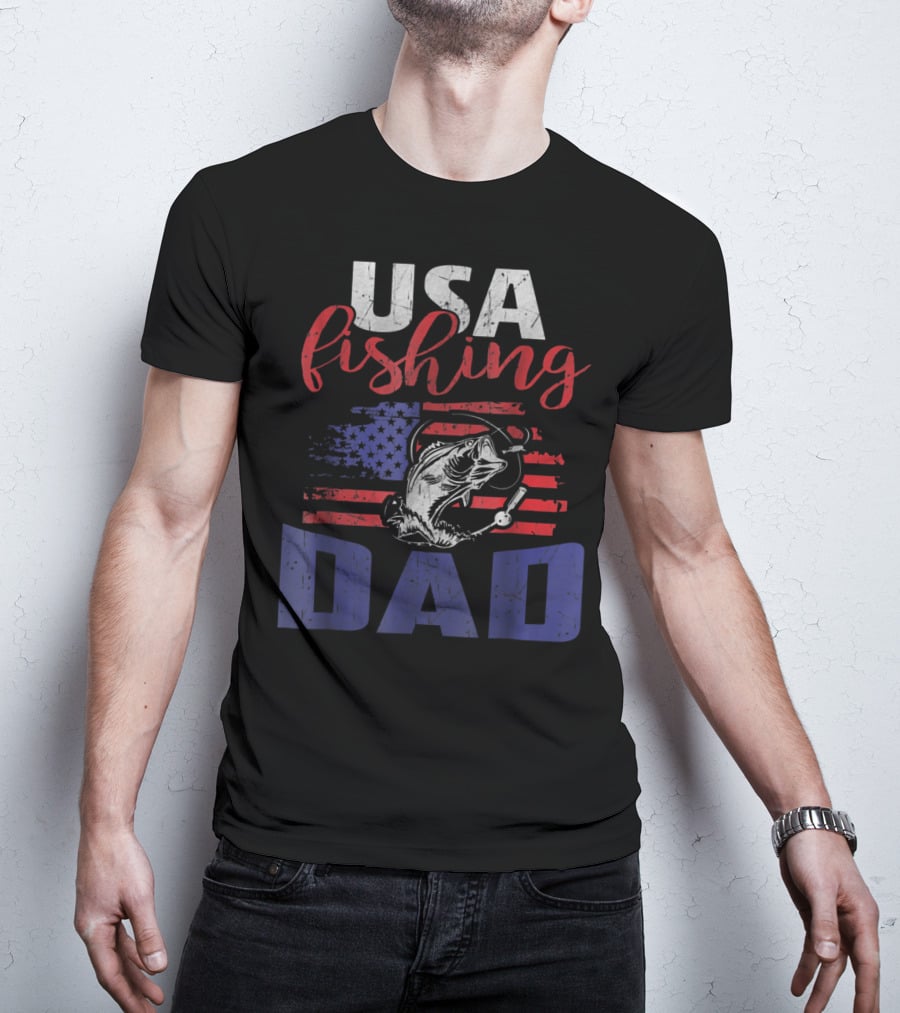 USA Fishing Dad American Flag Bass Fish T-Shirt
