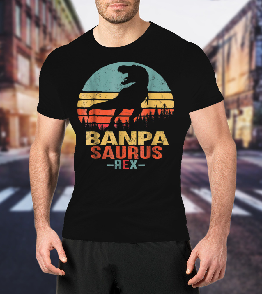 Banpasaurus Rex Dinosaur Men Dad21 Retro Sunset T-Shirt