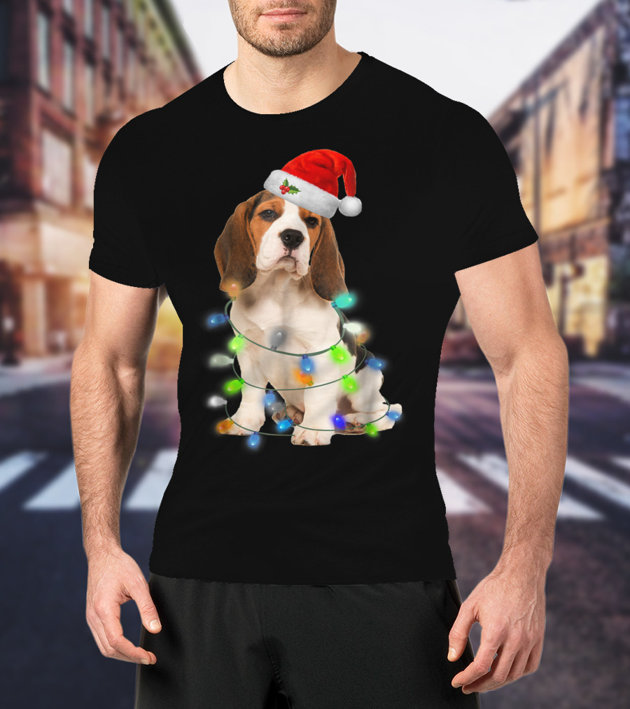 Beagle Wrapped In Christmas Lights With Santa Hat For Mom Women Girl T-Shirt
