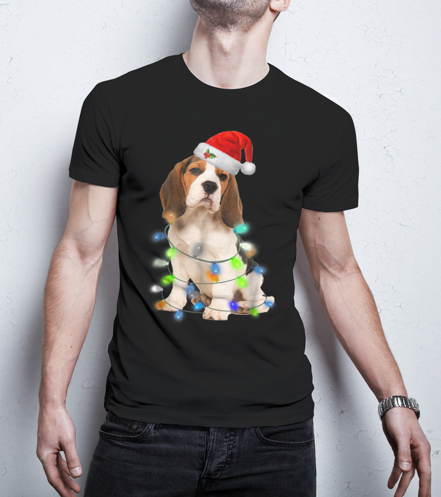 Beagle Wrapped In Christmas Lights With Santa Hat For Mom Women Girl T-Shirt