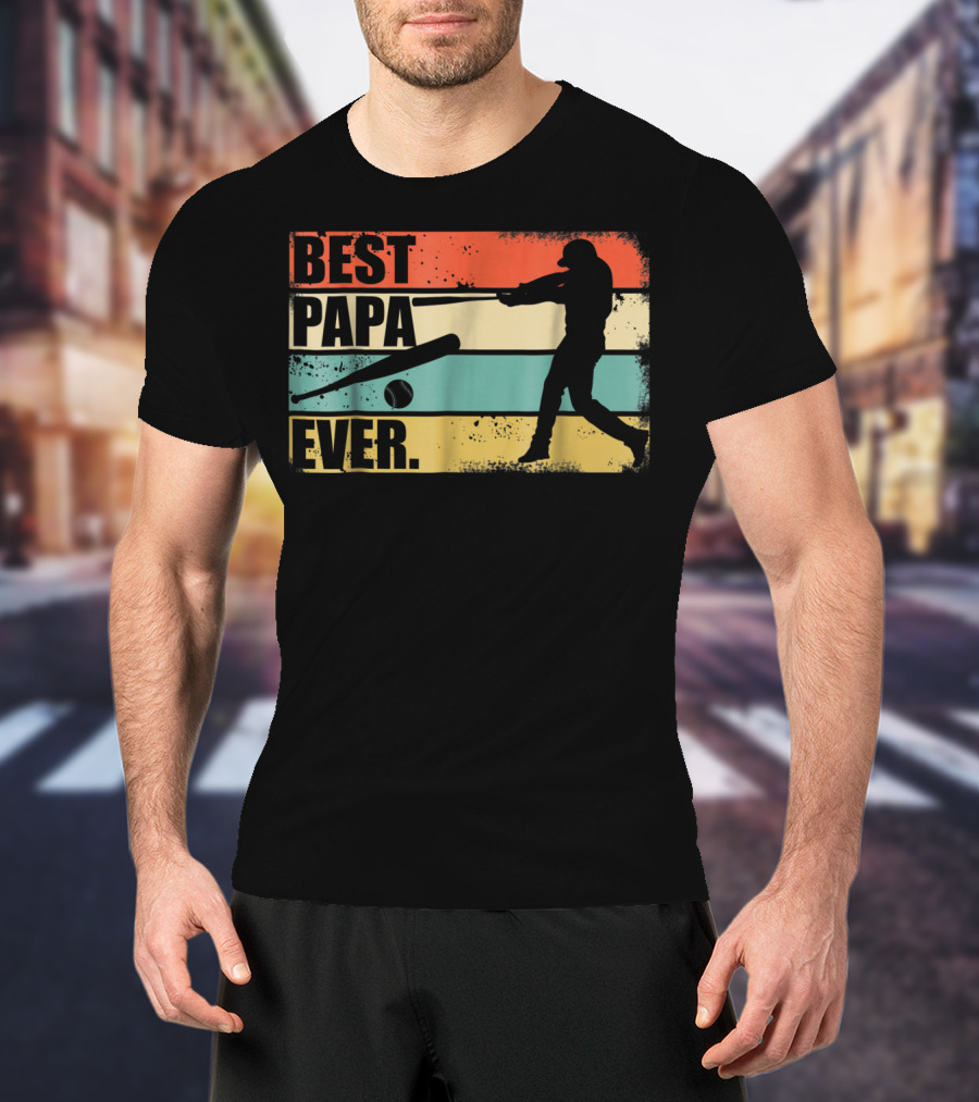 Best Papa Ever Vintage Baseball Silhouette Retro Stripes T-Shirt