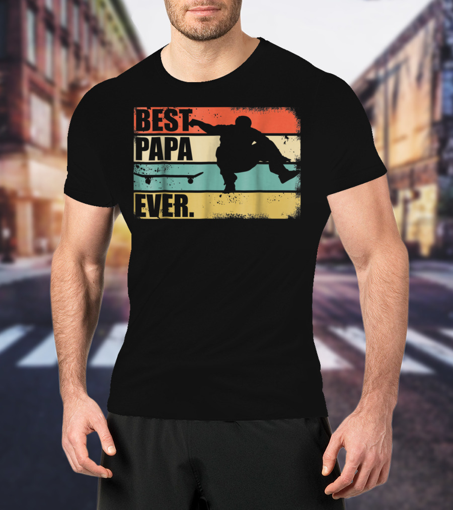 Best Papa Ever Skateboarder Silhouette Retro Stripes T-Shirt