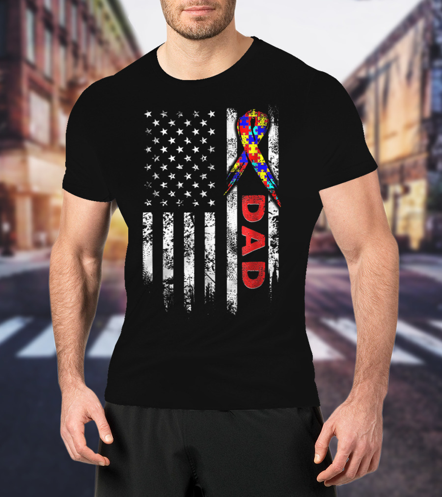 Autism Awareness American Flag Dad Ribbon Puzzle T-Shirt