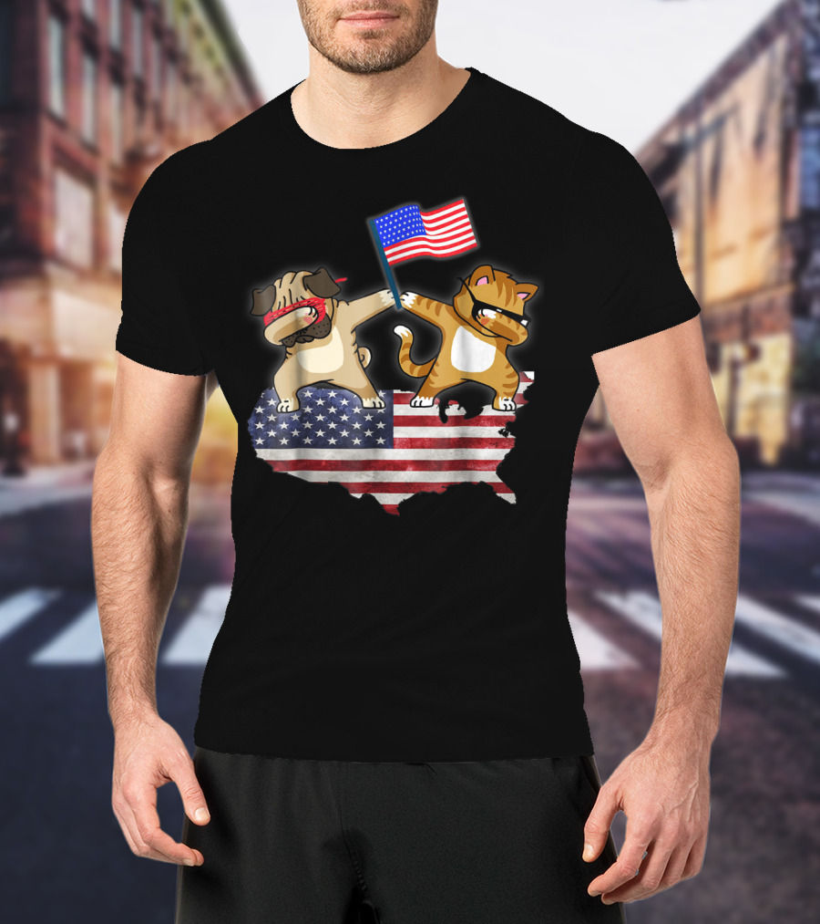 Dad Joke Loading Patriotic Pug And Cat Dabbing With American Flag USA Map T-Shirt