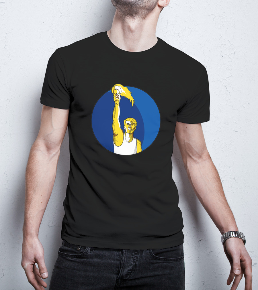 Athlete Holding Flaming Torch In Blue Circle Drawing T-Shirt