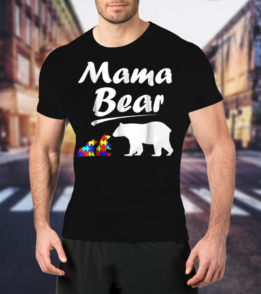 Mama Bear Autism Awareness Mom With Two Puzzle Piece Cubs T-Shirt