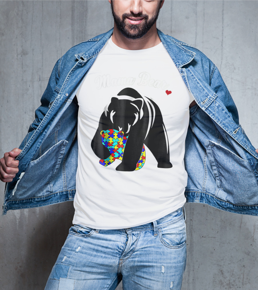 Mama Bear Autism Awareness Love Support Mom Puzzle Heart T-Shirt