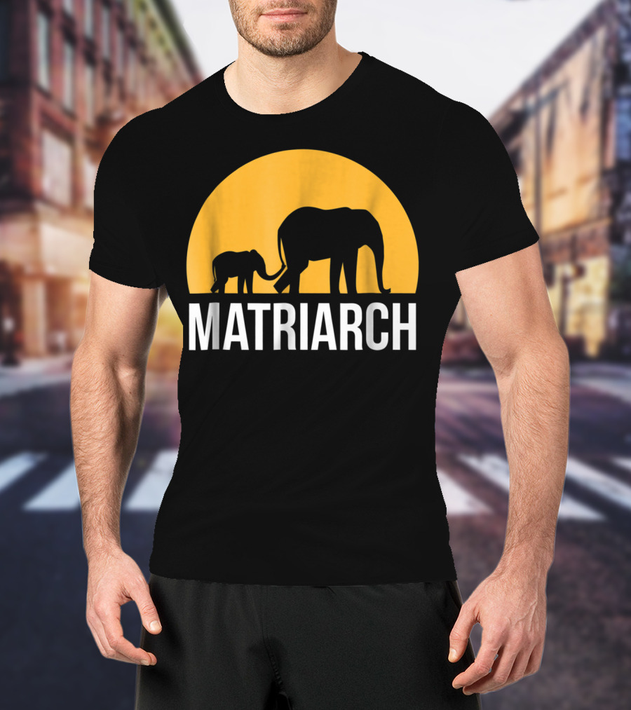 Matriarch Elephant Silhouette With Yellow Sunset Circle T-Shirt