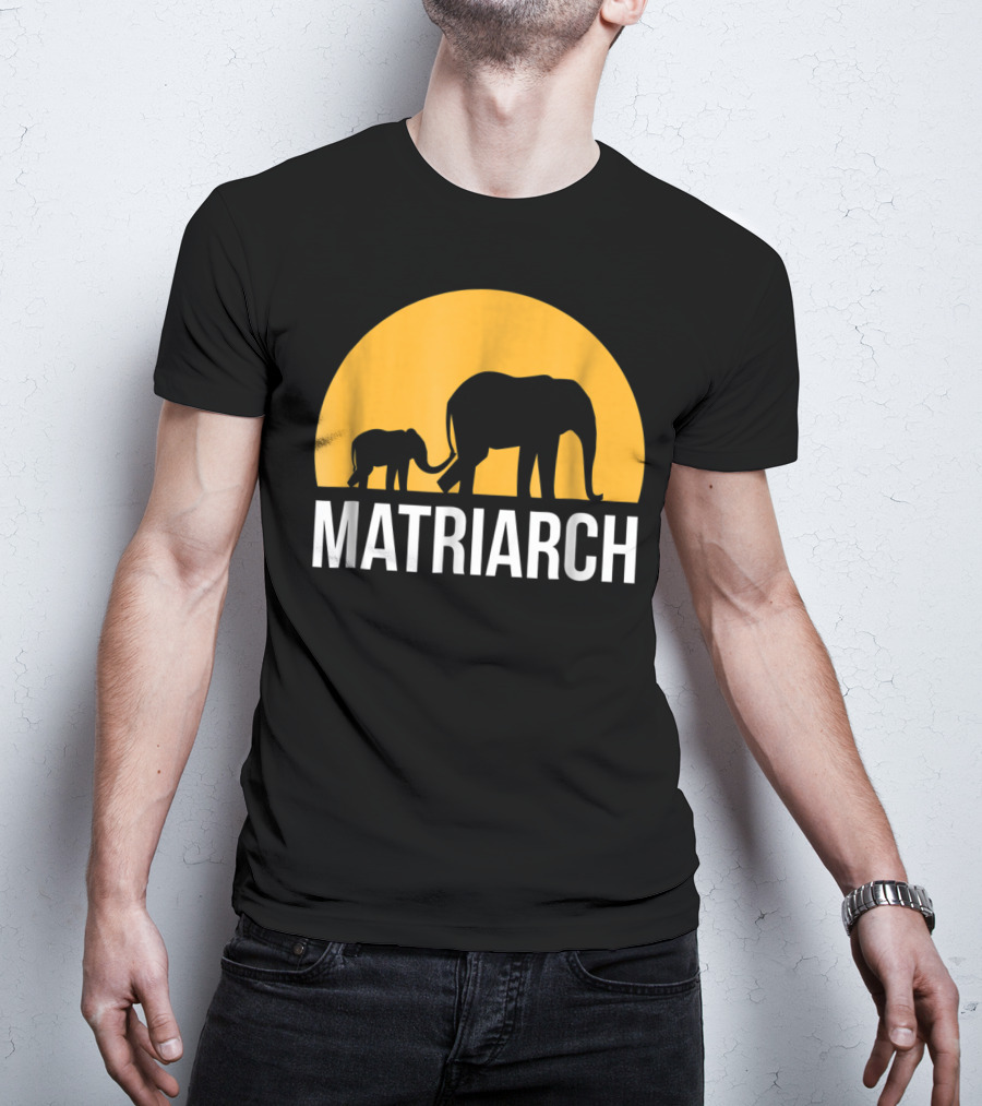 Matriarch Elephant Silhouette With Yellow Sunset Circle T-Shirt