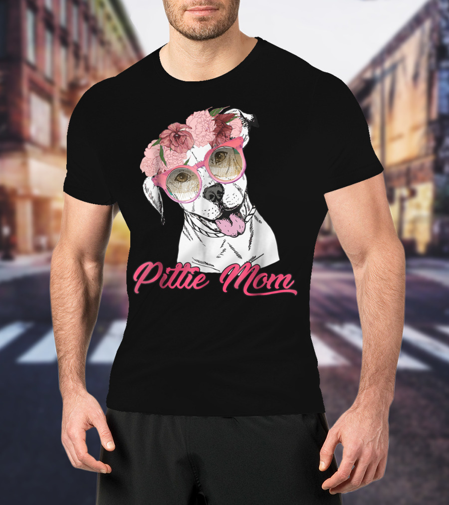 Pittie Mom With Flower Crown And Sunglasses Pitbull T-Shirt