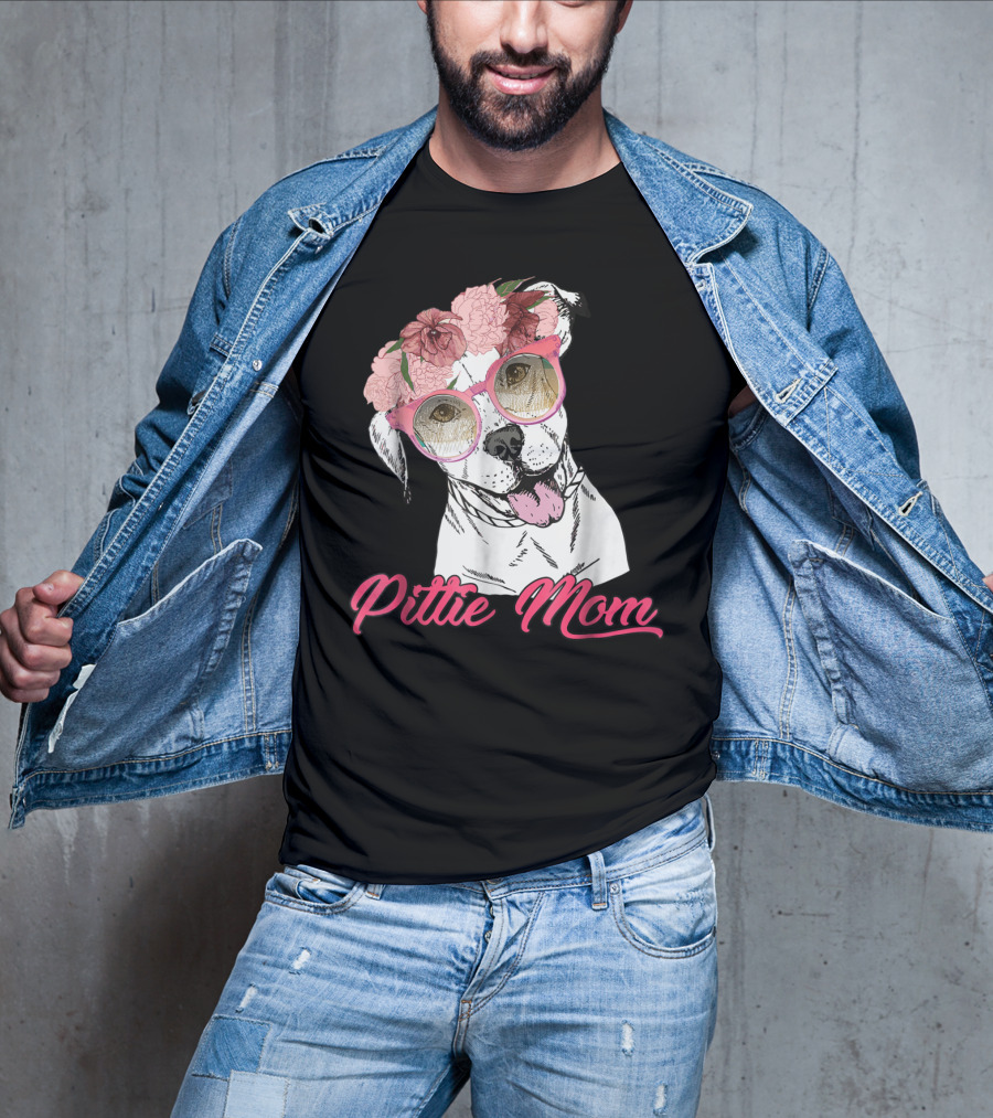 Pittie Mom With Flower Crown And Sunglasses Pitbull T-Shirt