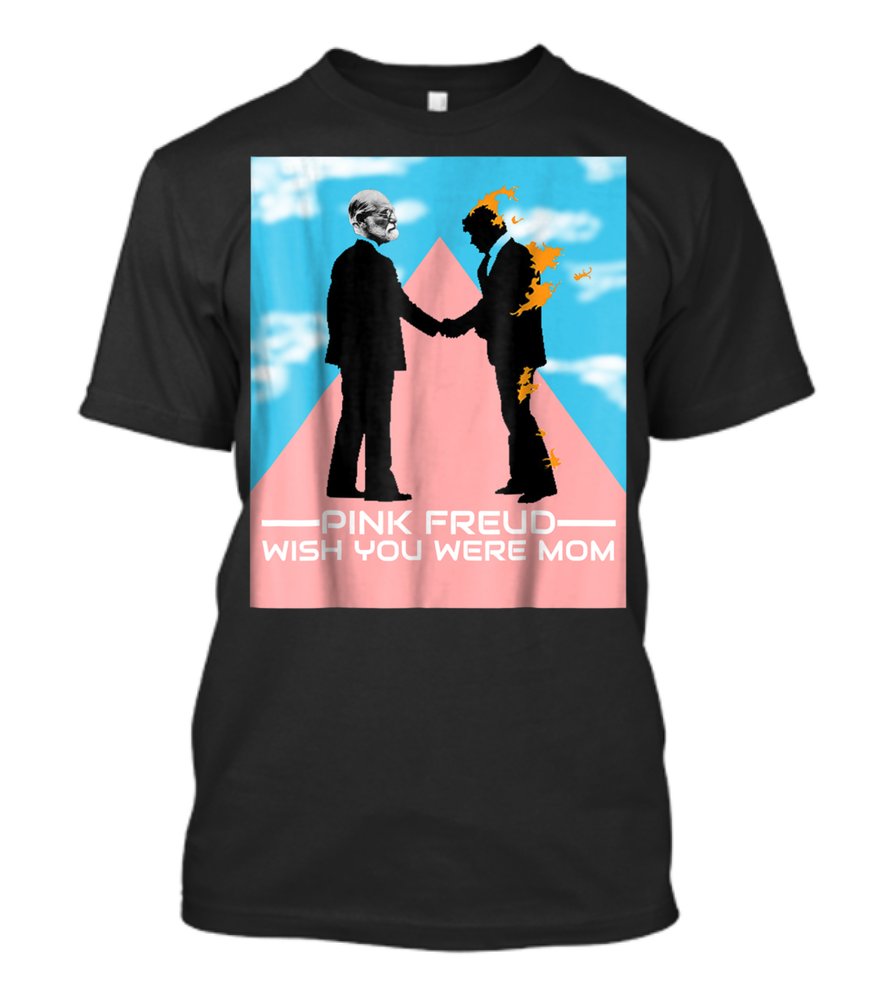 Pink Freud Wish You Were Mom Band Silhouettes On Pink Triangle With Blue Sky Background T-Shirt