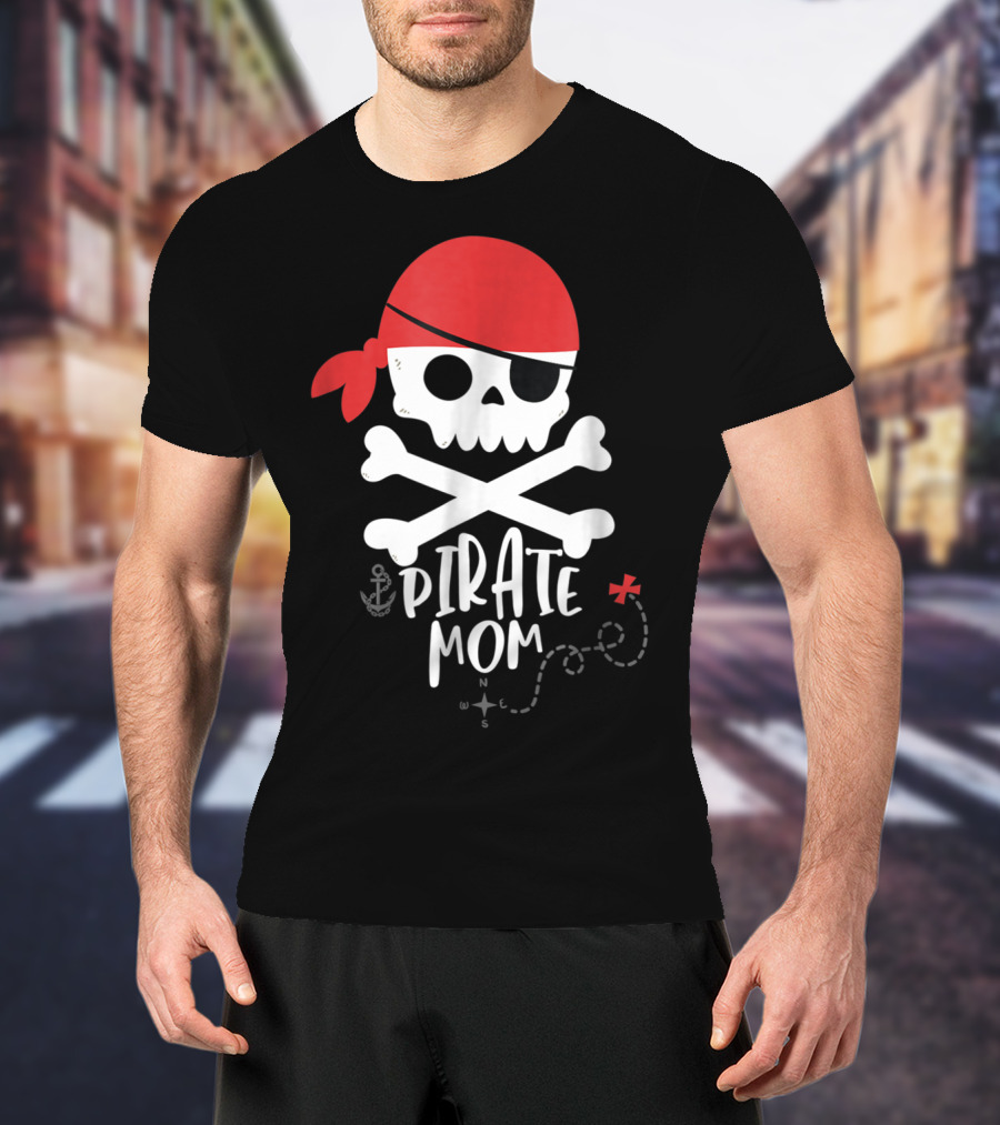 Pirate Mom Skull And Crossbones With Red Bandana Map Anchor T-Shirt