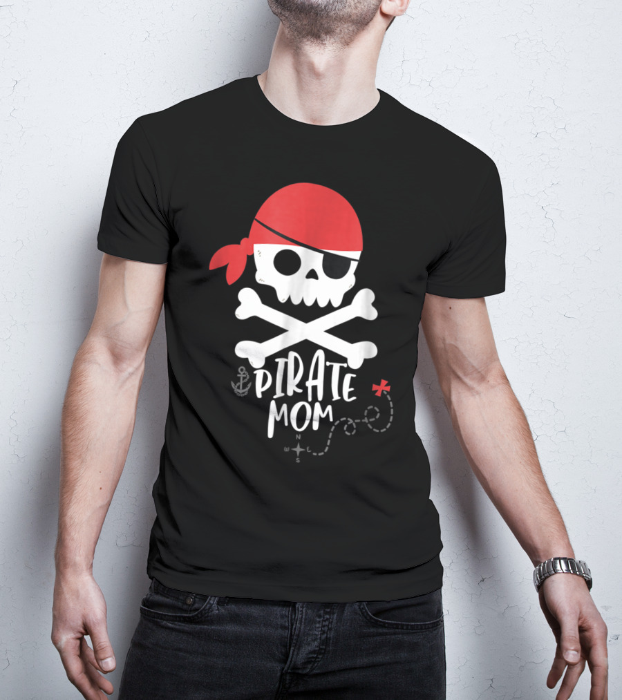 Pirate Mom Skull And Crossbones With Red Bandana Map Anchor T-Shirt